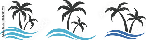 Tropical palm trees and ocean waves vector icon set, summer beach vacation and island travel logo design