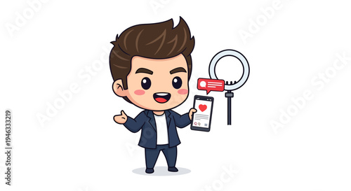Influencer with Phone Vector Illustration, Social Media Marketing, Flat Design, Online Content