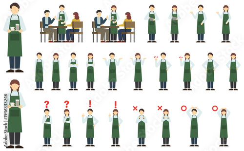 フラットイラスト：男女のカフェ店員セット(正面)