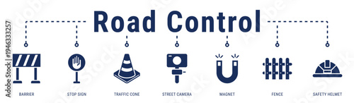 Road Control banner presenting traffic management and safety control elements around active construction and maintenance zones