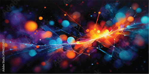 An abstract red background features a bright neon glow and fractal motion textures, creating a high-technology wallpaper design with energy patterns and light-space illustrations