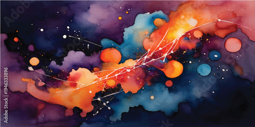 A surreal collision of red paint splashes erupts like a supernova amidst a deep space nebula of cosmic dust and fractal energy