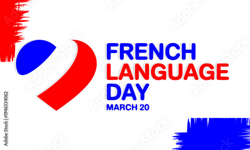 French Language Day March 20 bold modern banner with abstract swirl symbol and striking blue red typography on clean white background for cultural awareness