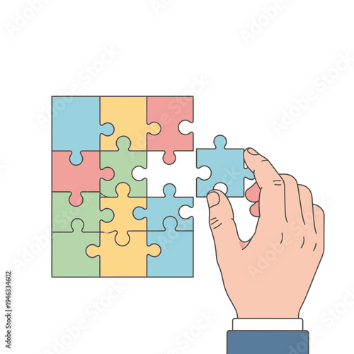 Hand placing last puzzle piece, completing colorful jigsaw on white background