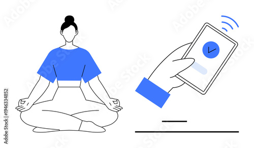 Digital wellness, mindfulness, self-care, technology balance, mobile connectivity, mental health. A woman meditating and a hand holding a phone with a check mark. Digital wellness and mindfulness