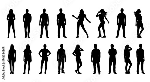 Vector silhouettes man and women, illustration. Silhouettes of young people posing in casual clothes. Transparent background SVG version.