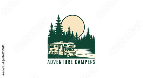Adventure Campers RV parked by a serene lake surrounded by pine trees.