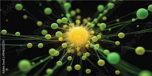 A futuristic 3d rendered illustration of bacteria, dna, and a virus glowing with bright purple energy and blue light in a motion fractal pattern over a dark space wallpaper design