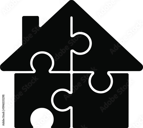 Black and white house shaped puzzle pieces coming together