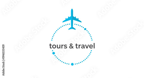 Airplane flying around a dotted circle with tours  travel text.
