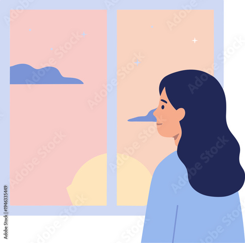 Woman looks out the window at a serene sunset with clouds and stars