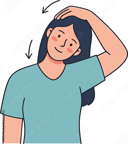 Woman stretches neck and shoulder with hand on head smiling