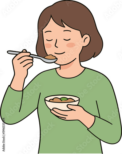 A woman enjoys eating a bowl of food with a spoon indoors happily
