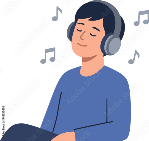 A man wearing headphones listens to music with closed eyes in a relaxed indoor setting.