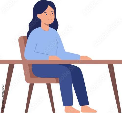 Woman sitting at a desk in a chair smiling peacefully alone