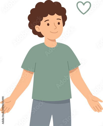 A cheerful cartoon person with brown hair wearing a green shirt and gray pants stands with arms outstretched in a friendly gesture.