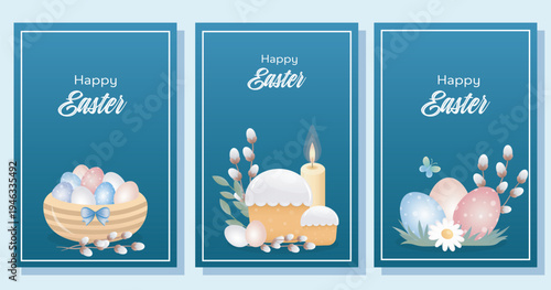 Set of three festive Easter greeting cards with blue backgrounds and white borders, each featuring “Happy Easter” text in elegant cursive font. 