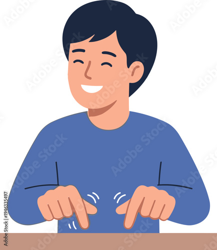 A smiling man in a blue shirt points at a table with his fingers.