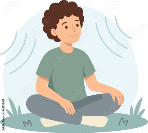 Person meditating outdoors on grass with rain