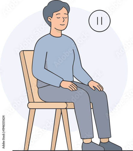 A man sits on a chair with eyes closed in a meditative posture.
