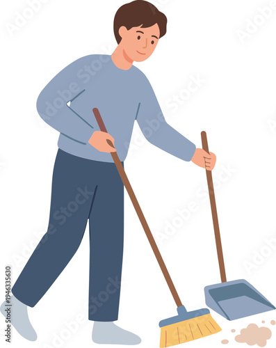 Man cleaning floor with broom and dustpan in a domestic setting