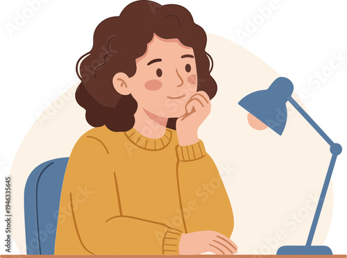 A woman sits at a desk with a lamp looking thoughtful indoors