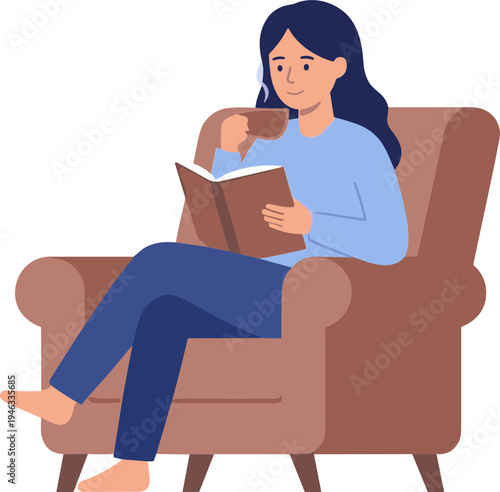 A woman sits on a chair reading a book and drinking coffee