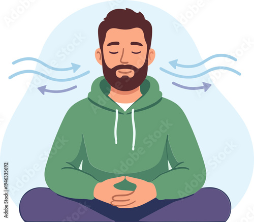 Man meditates peacefully indoors with hands on lap and closed eyes