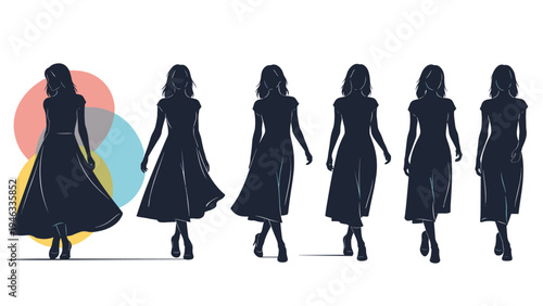 Fashion model walking cycle sequence shown with multiple dark silhouettes in various steps and poses on a simple background for animation study.