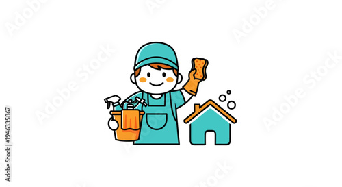 Cartoon cleaner with cleaning supplies and house icon.
