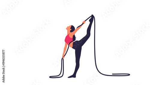 Rhythmic gymnastics athlete performing graceful and flexible movement with long rope against a clean white background in professional studio.