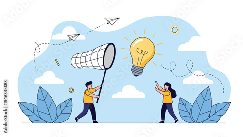 Innovation and creative idea generation concept with two people attempting to catch a large glowing light bulb using a professional capture net.