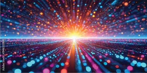 A glowing abstract backdrop of a dancing crowd in a nightclub featuring blue laser bursts, bright energy patterns, and shiny disco light effects for a stellar night design