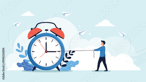Time management and deadline pressure shown with man trying to slow down the hands of a giant alarm clock using a rope on a light blue background.