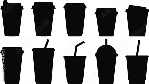 Disposable coffee cup vector silhouette set, takeaway paper cups with lids and straws for cafe beverage branding