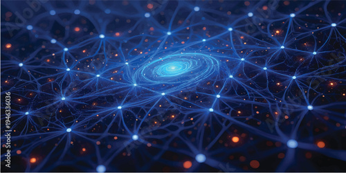 Blue glowing stars and neon waves create a fantasy abstract space background with shiny light energy and holiday christmas decoration for a bright technology design