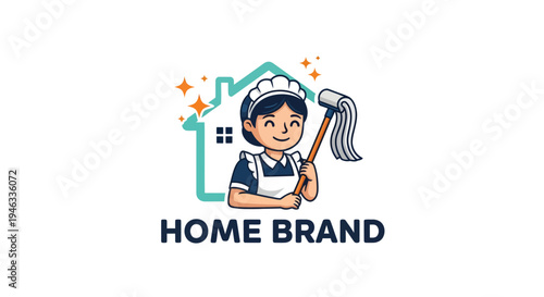 Cartoon Maid Holding Mop with Sparkles and House Icon.