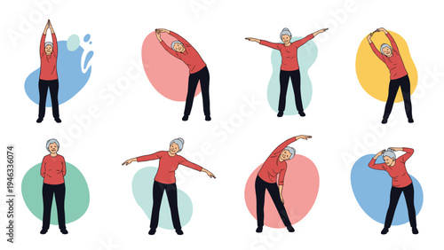 Healthy aging and senior fitness shown through a sequence of an elderly man performing various gentle stretching routines on colorful circles.