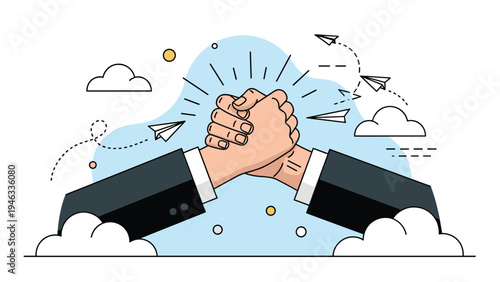 Business agreement and partnership deal represented by a firm handshake of two professionals in suits among the clouds in a bright blue sky.