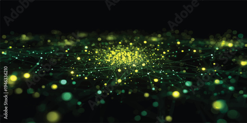 Abstract fiber optics background features a shiny blue design with bright glowing light spots and a bokeh circle pattern creating a colorful glitter backdrop