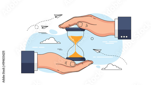 Time preservation and management concept with two large professional hands carefully holding and guarding an hourglass against a blue sky.