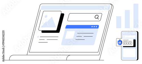 Digital security. Digital security with a laptop displaying a web interface and a smartphone showing two-factor authentication. Digital security for online safety, data protection, fintech, mobile
