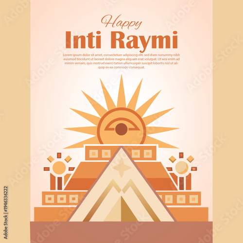 Happy inti raymi celebration: a stylized sun over an ancient pyramid, symbolizing the important inca festival.