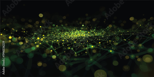 A bright design of glowing dew drops on green grass and leaves features a shiny bokeh blur backdrop with sparkling light and color