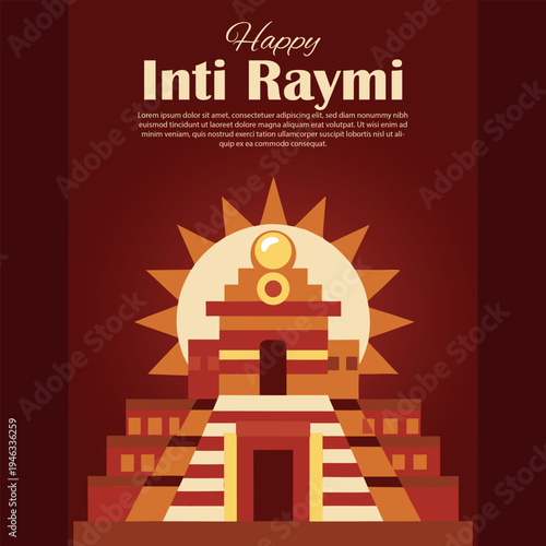 Happy inti raymi festival banner featuring a stylized sun temple illustration in warm earthy tones