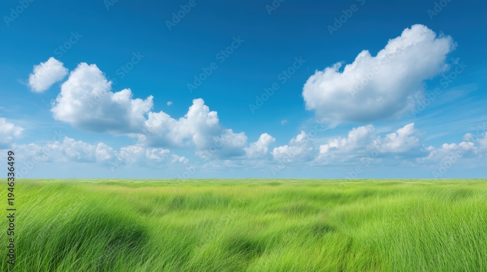 Obraz premium Expansive Green Grassy Field Under Bright Blue Sky with Fluffy White Clouds in a Tranquil Natural Landscape