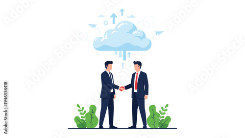 Cloud computing partnership and data synchronization agreement between two professional businessmen shaking hands in a minimalist design.