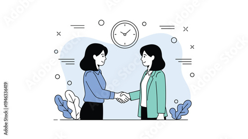 Business agreement and timely partnership between two professional women shaking hands with a clock symbol and abstract shapes in background.