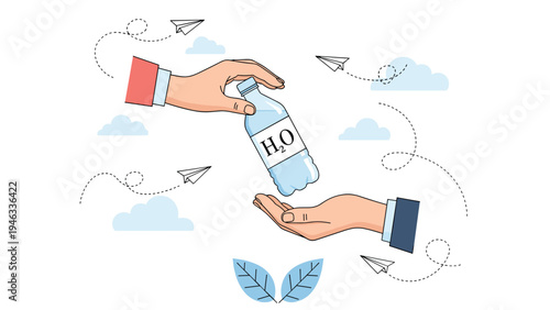 Global hydration and water accessibility awareness concept featuring hands passing a bottle amidst flying paper planes and clouds in the sky.