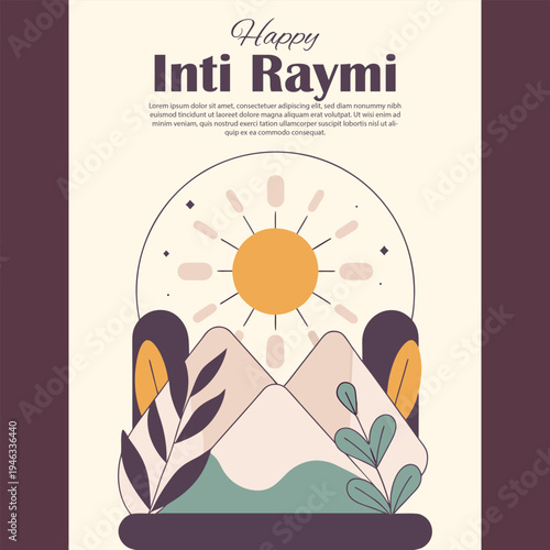 Happy inti raymi festival illustration featuring a stylized sun, mountains, and plants in a minimalist vector art style